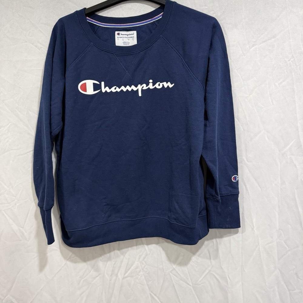 Women's Champion Crewneck Pullover Sweater Navy Blue L Logo Embroidered